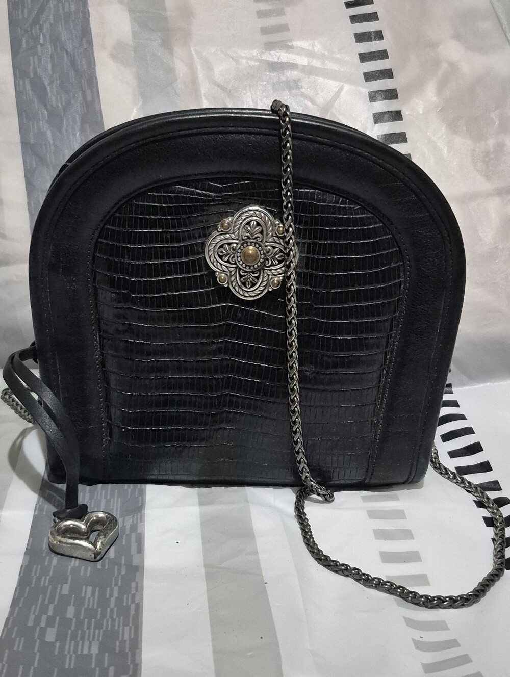 Y2K Vintage Brighton Black Croc-Embossed Crossbody with Silver Medallion